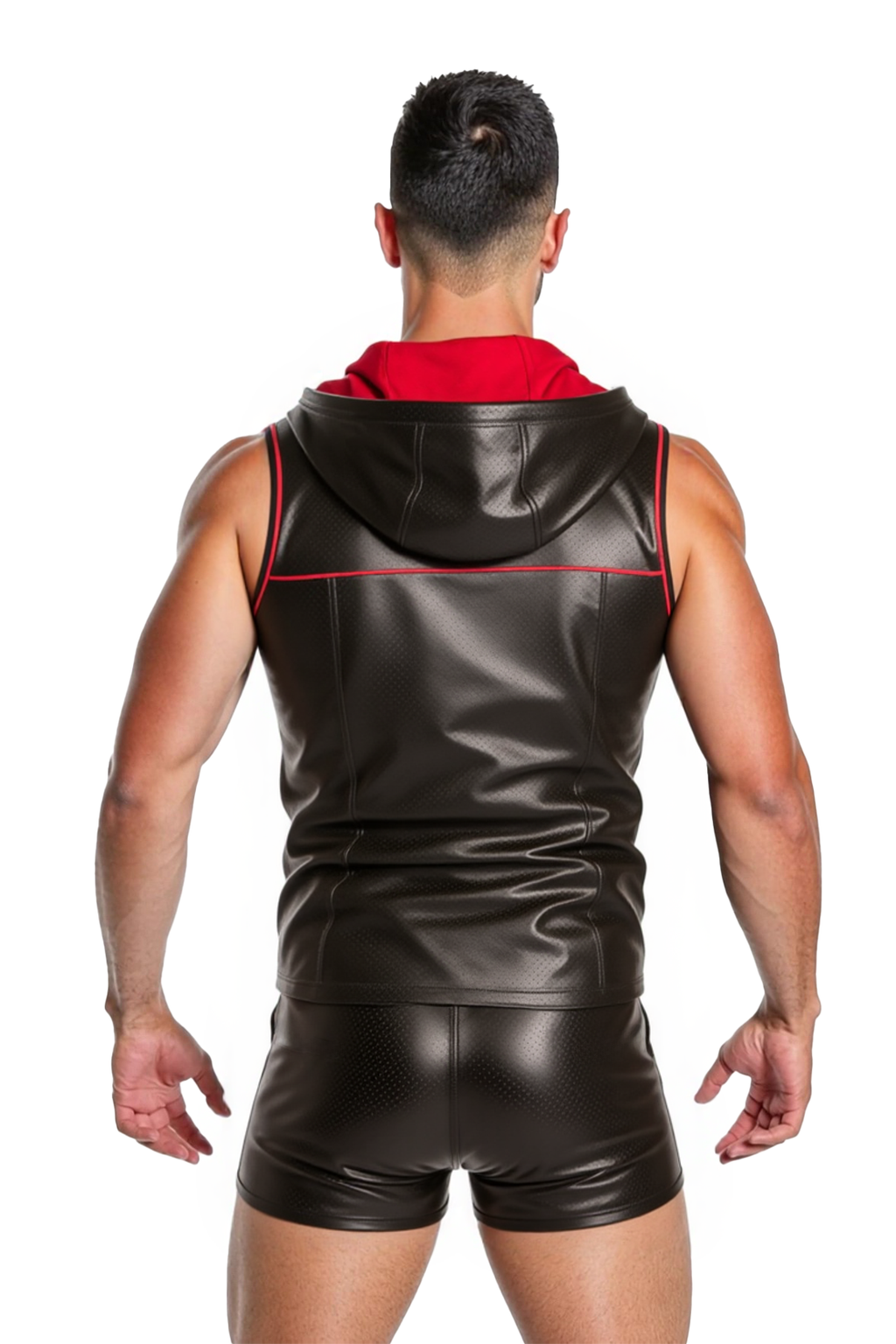 Joyglove Men's Red PU Leather Zip Hoodie with Shorts