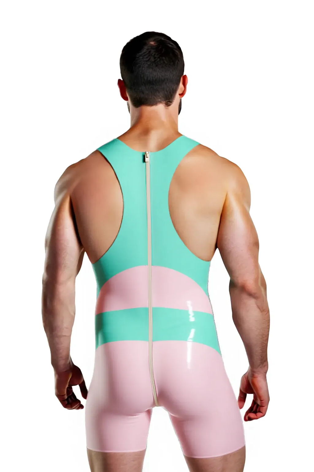 Joyglove Men's High-Gloss PU Leather V-Neck Singlet - Dynamic Color Block Bodysuit