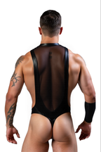 Joyglove Men's Sheer Mesh & PU Leather Bodysuit – Bold Zip-Up Fashion