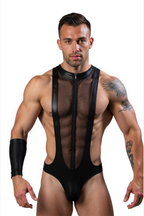 Joyglove Men's Sheer Mesh & PU Leather Bodysuit – Bold Zip-Up Fashion