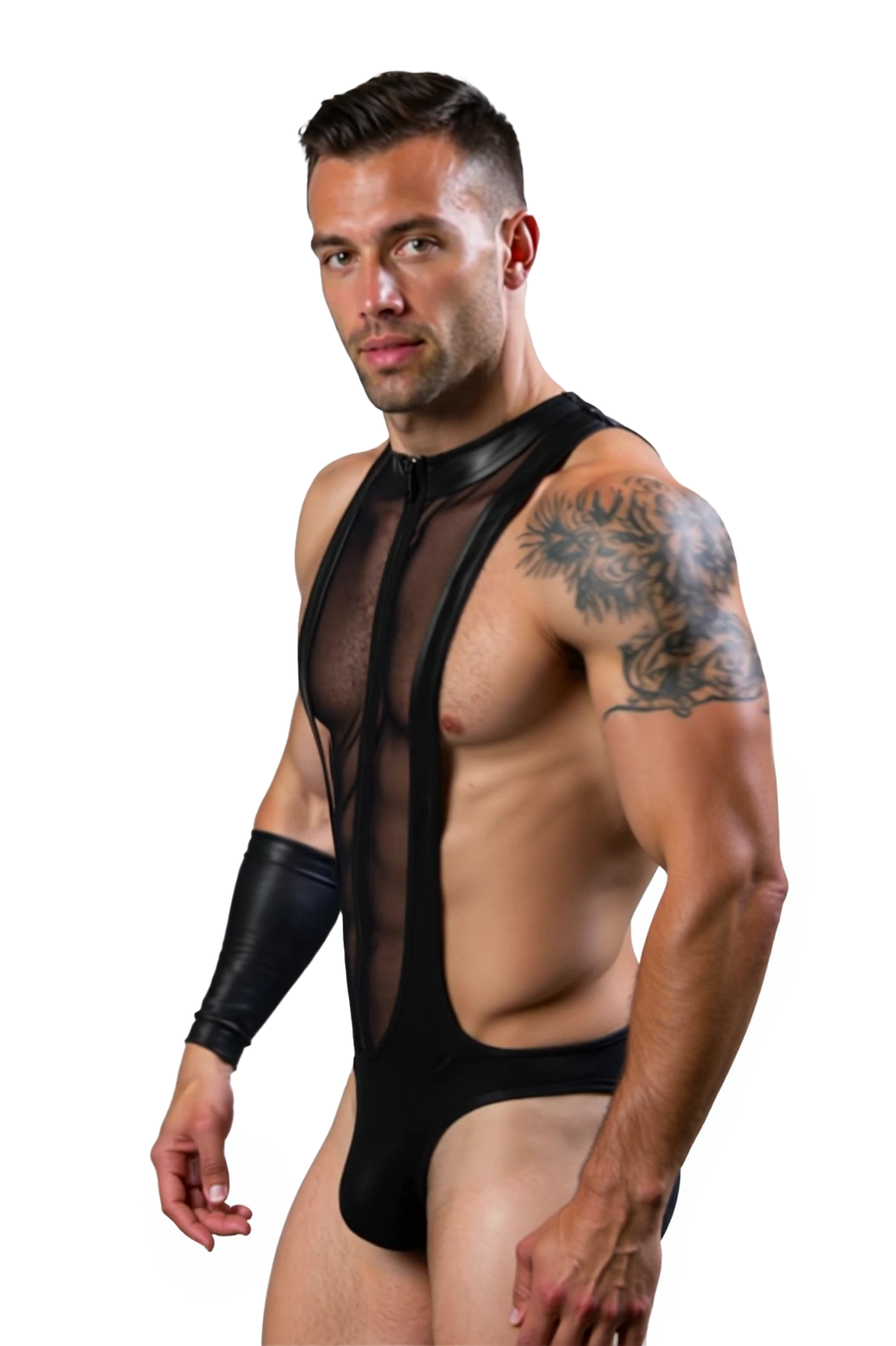 Joyglove Men's Sheer Mesh & PU Leather Bodysuit – Bold Zip-Up Fashion