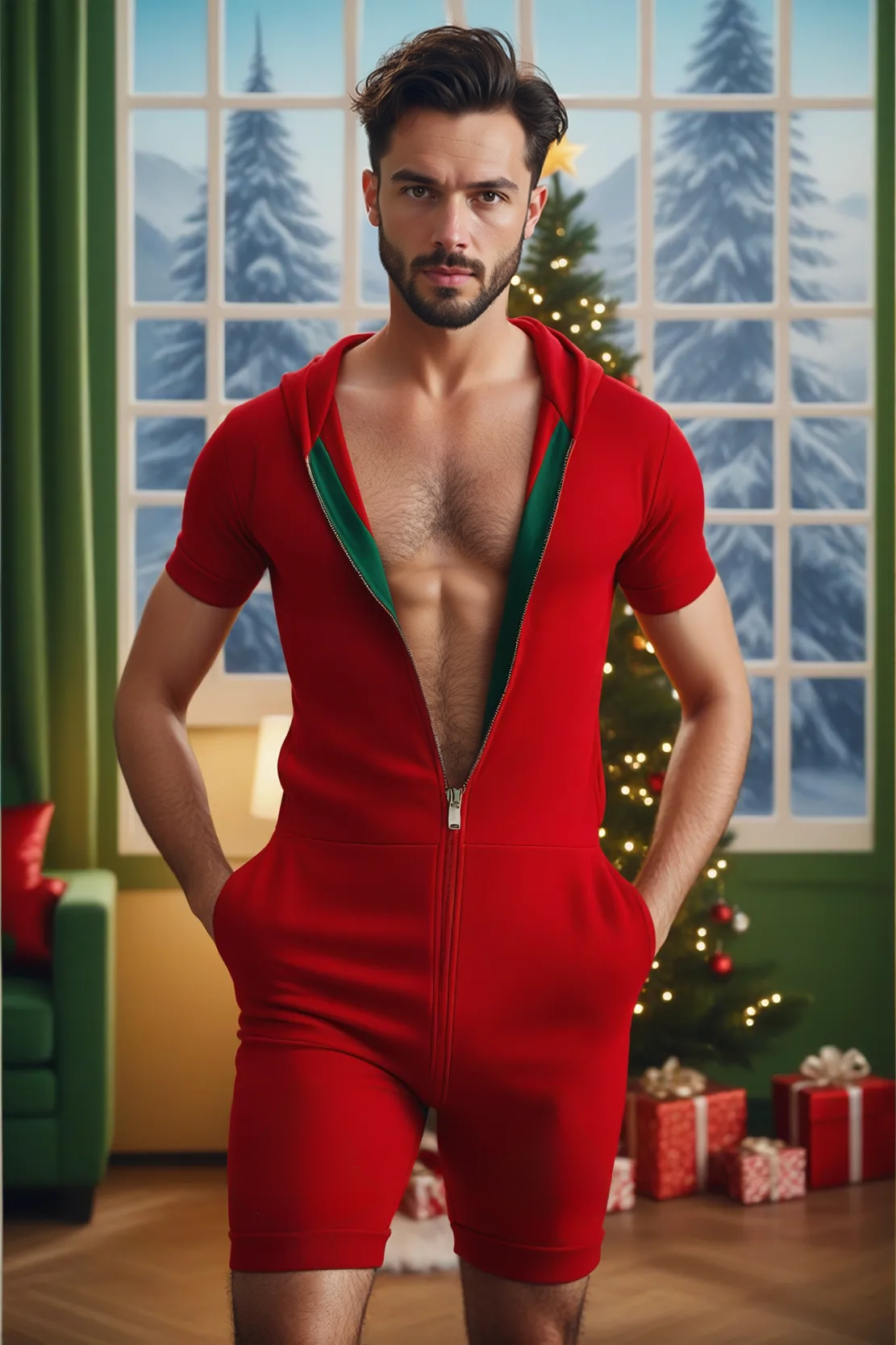 Joyglove Men's Red Holiday Zipper Romper