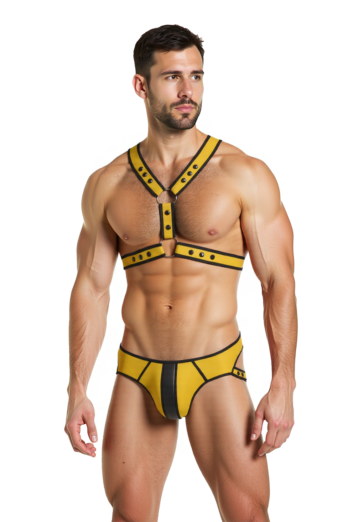 Joylgbt‘s Yellow & Black Pu Leather Strapped Briefs Set	