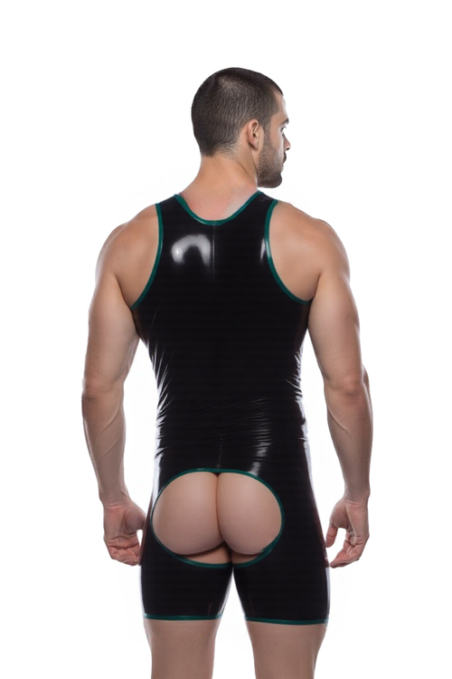 Joyglove Black PU Leather Bodysuit with Green Accents and Rear Cutout
