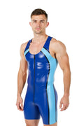 Joyglove PU Leather Bodysuit with Unique Back Cutout - Blue and Light Blue