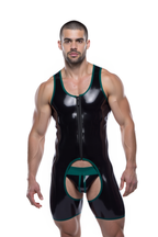 Joyglove Black PU Leather Bodysuit with Green Accents and Rear Cutout