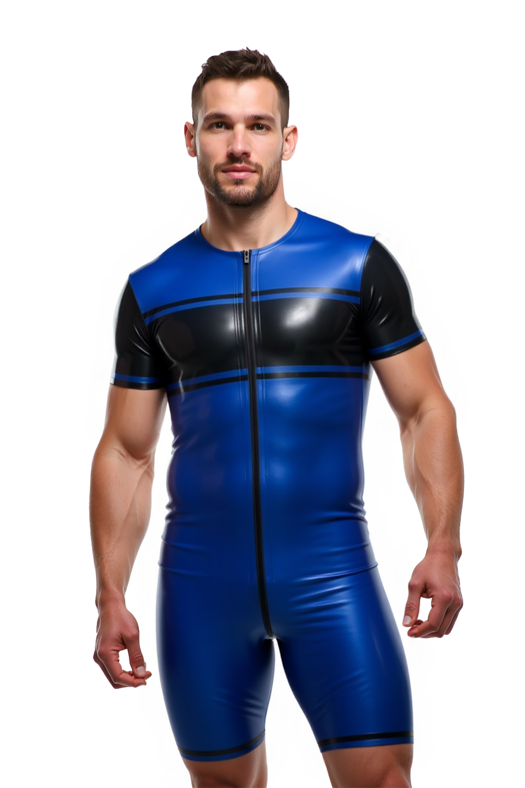 Joyglove Blue PU Leather Bodysuit with Black Sleeves and Zipper Front