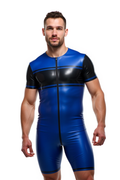 Joyglove Blue PU Leather Bodysuit with Black Sleeves and Zipper Front