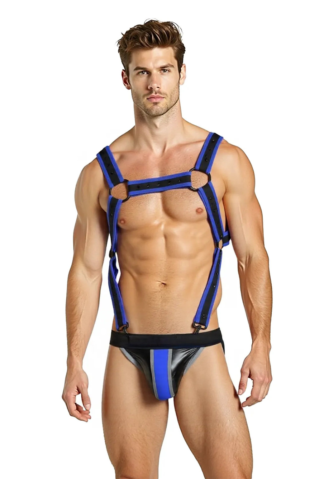 Joyglove PU Leather Men's Harness and Jockstrap Set – Blue and Black