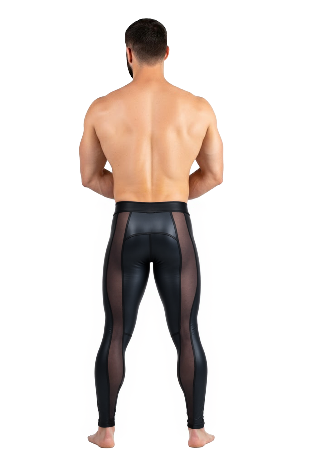 Joylgbt‘s Midnight Black Wet-Look Full-Length Pants – Transparent Mesh Inserts	