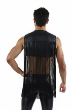 Joyglove Men's Black PU Leather Mesh Crop Top with Fringe