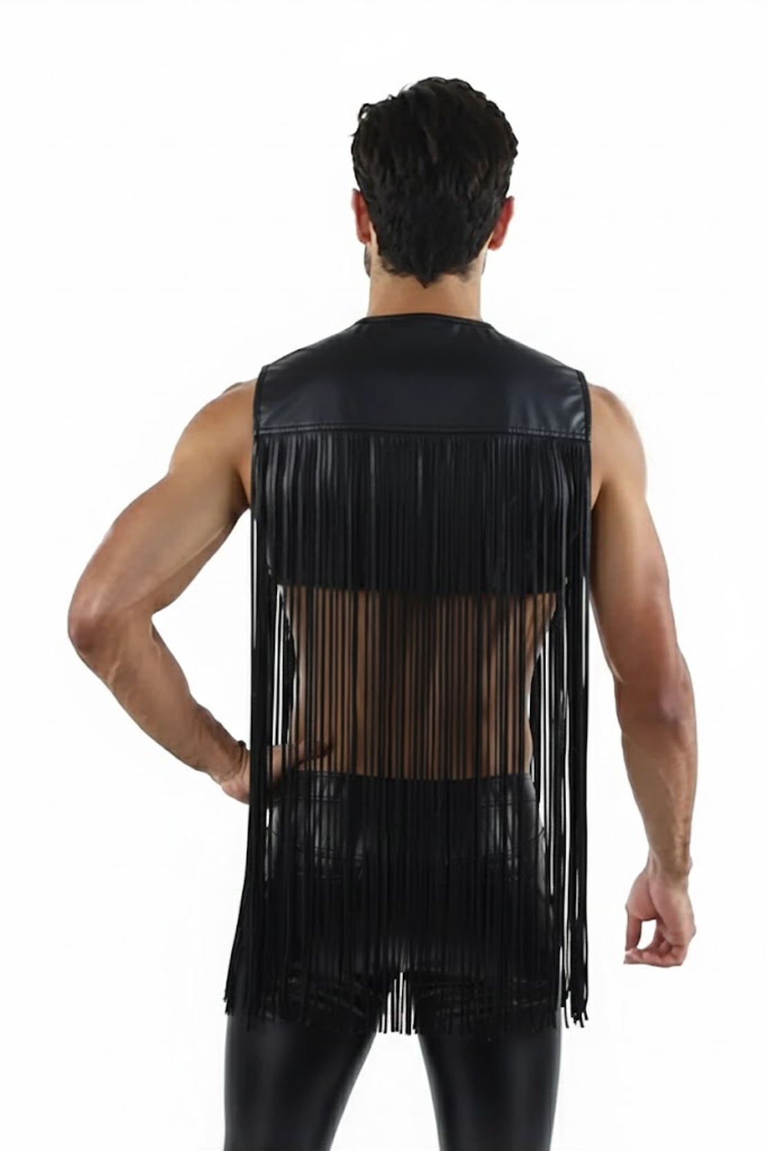Joyglove Men's Black PU Leather Mesh Crop Top with Fringe