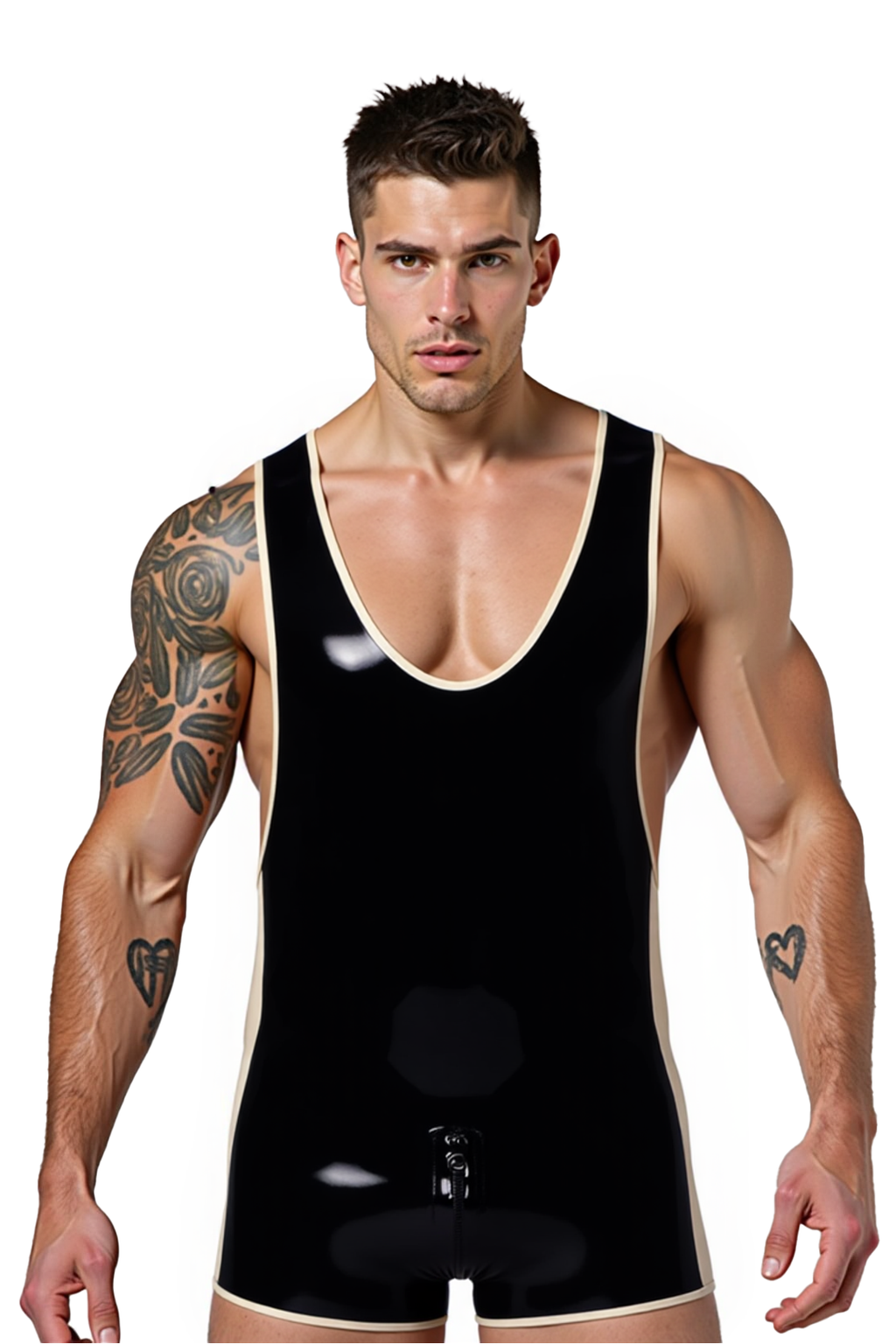 Joyglove Black PU Leather Singlet with Beige Accents