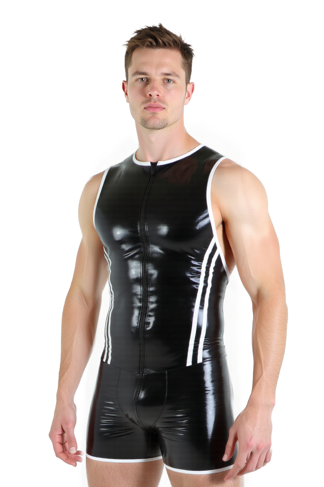 Joylgbt‘s Men's Pro-Fit Sleeveless Bodysuit – Midnight Black with Alpine White Trim	