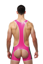 Joyglove PU Leather Pink Wrestling Bodysuit with Bold Black Stripes