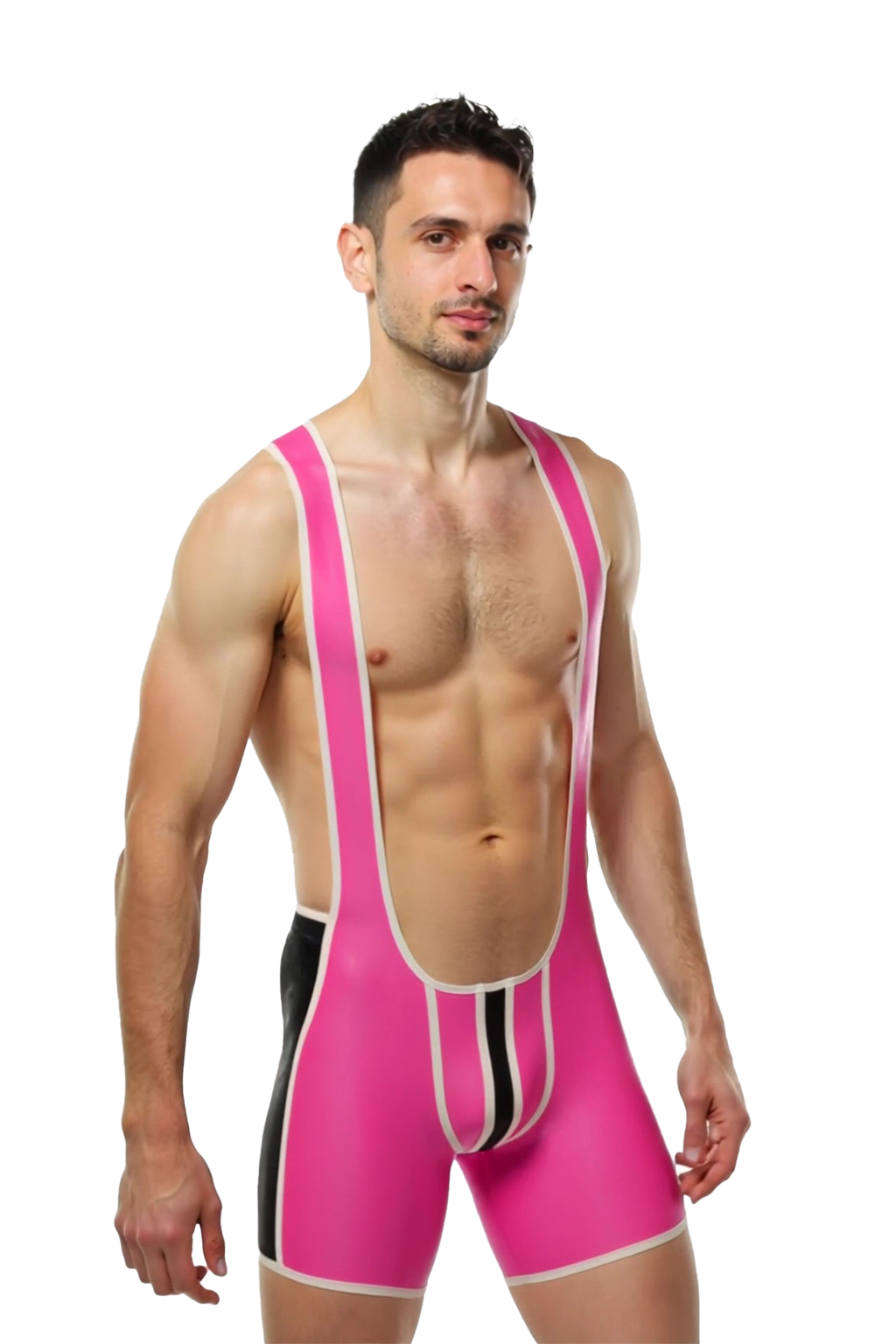 Joyglove PU Leather Pink Wrestling Bodysuit with Bold Black Stripes