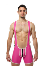Joyglove PU Leather Pink Wrestling Bodysuit with Bold Black Stripes