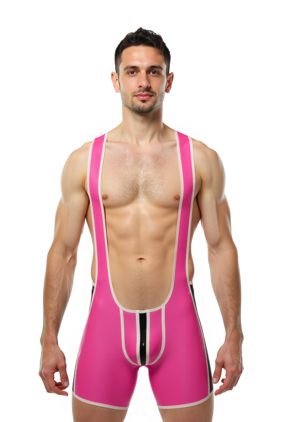 Joyglove PU Leather Pink Wrestling Bodysuit with Bold Black Stripes