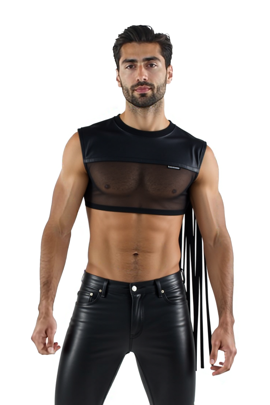 Joyglove Men's Black PU Leather Mesh Crop Top with Fringe