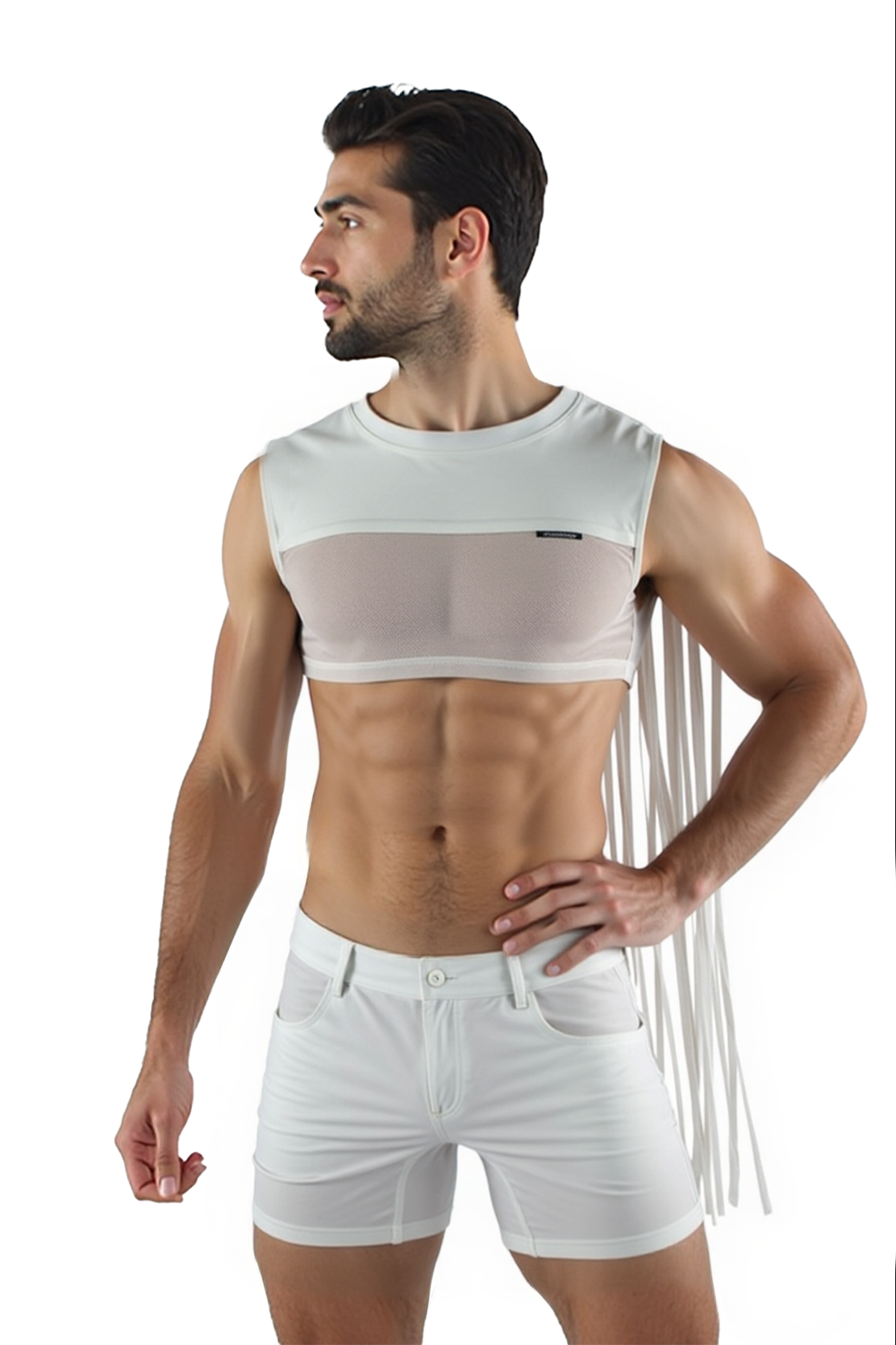 Joyglove Men's Black PU Leather Mesh Crop Top with Fringe