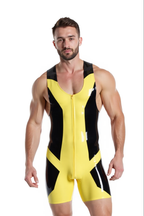 Joyglove Men's Yellow and Black PU Leather Wrestling Singlet with Front Zipper and Bold Design