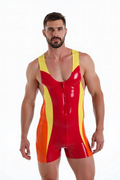 Joyglove Men's Red and Yellow PU Leather Wrestling Singlet with Bold Orange Side Panels
