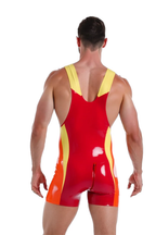Joyglove Men's Red and Yellow PU Leather Wrestling Singlet with Bold Orange Side Panels