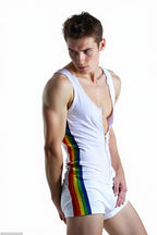 Joyglove Rainbow Striped Patchwork Zipper Stretchy Jumpsuit Bodycon Romper