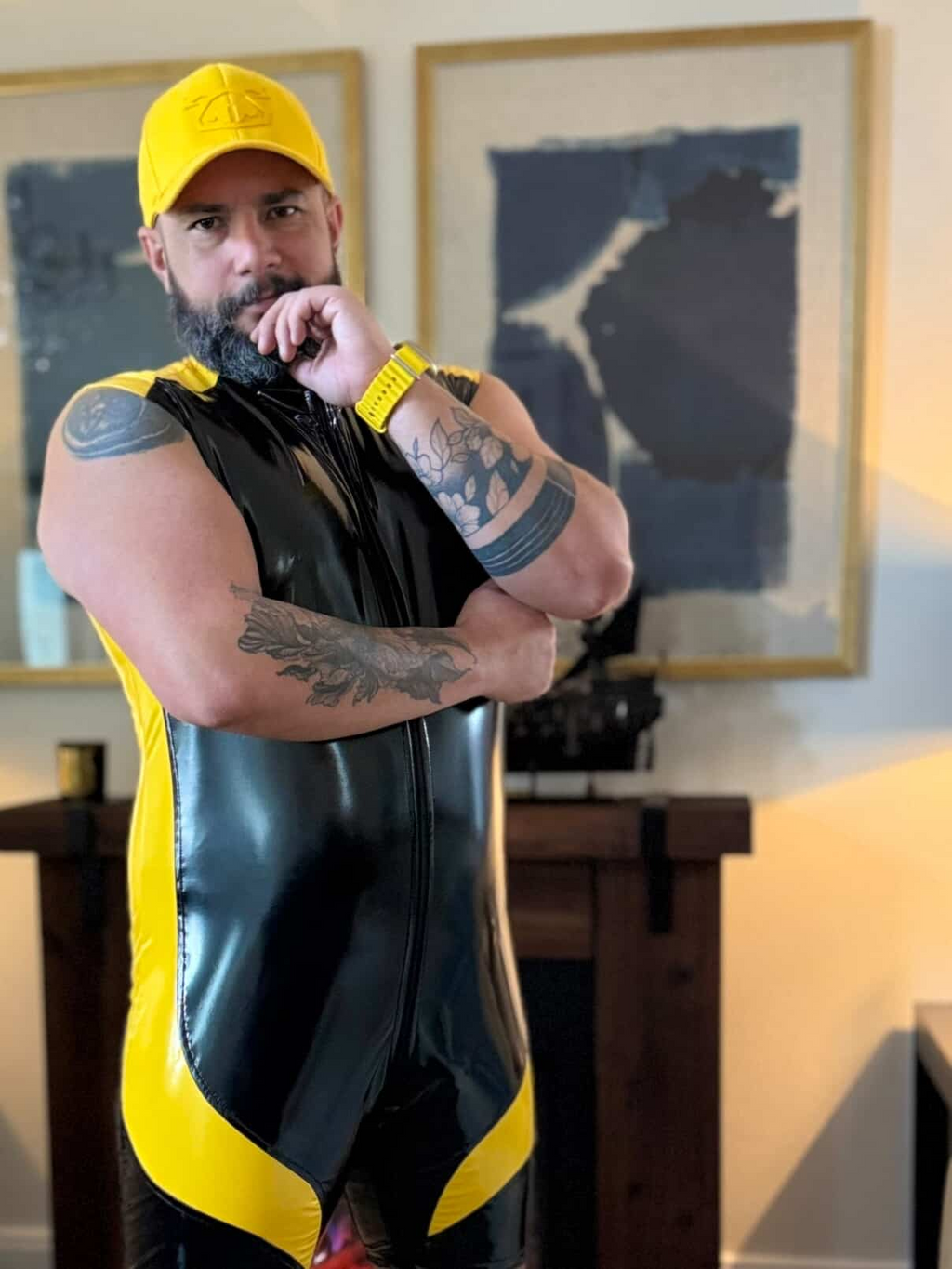 Joylgbt Black & Yellow Two-Tone Glossy Bodysuit – Zip-Front & Sleeveless Shorts	