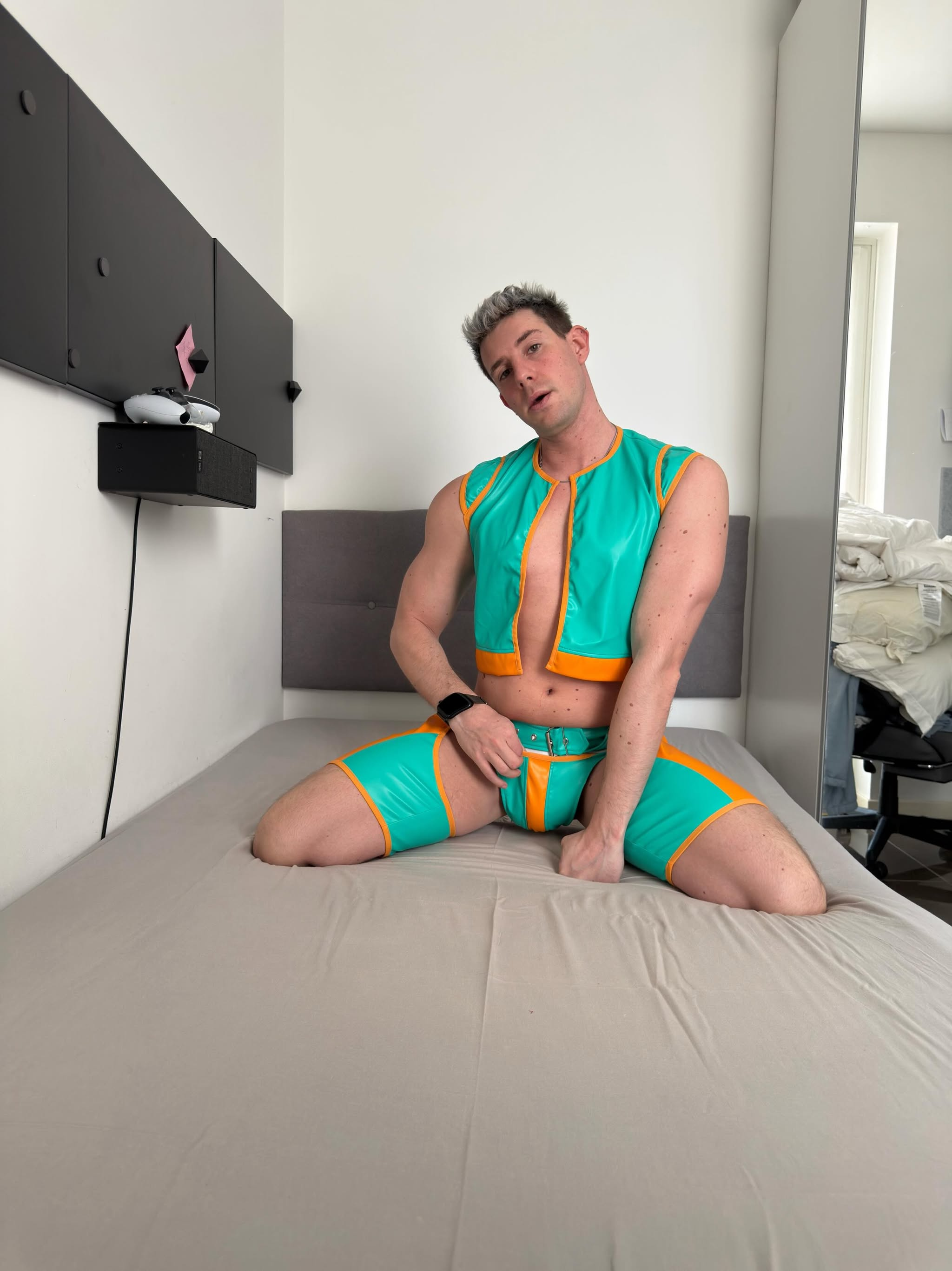 Joylgbt's Colorblock Open-Back Leather Harness Set – Sexy Blue & Orange Faux Leather Two-Piece for Men	