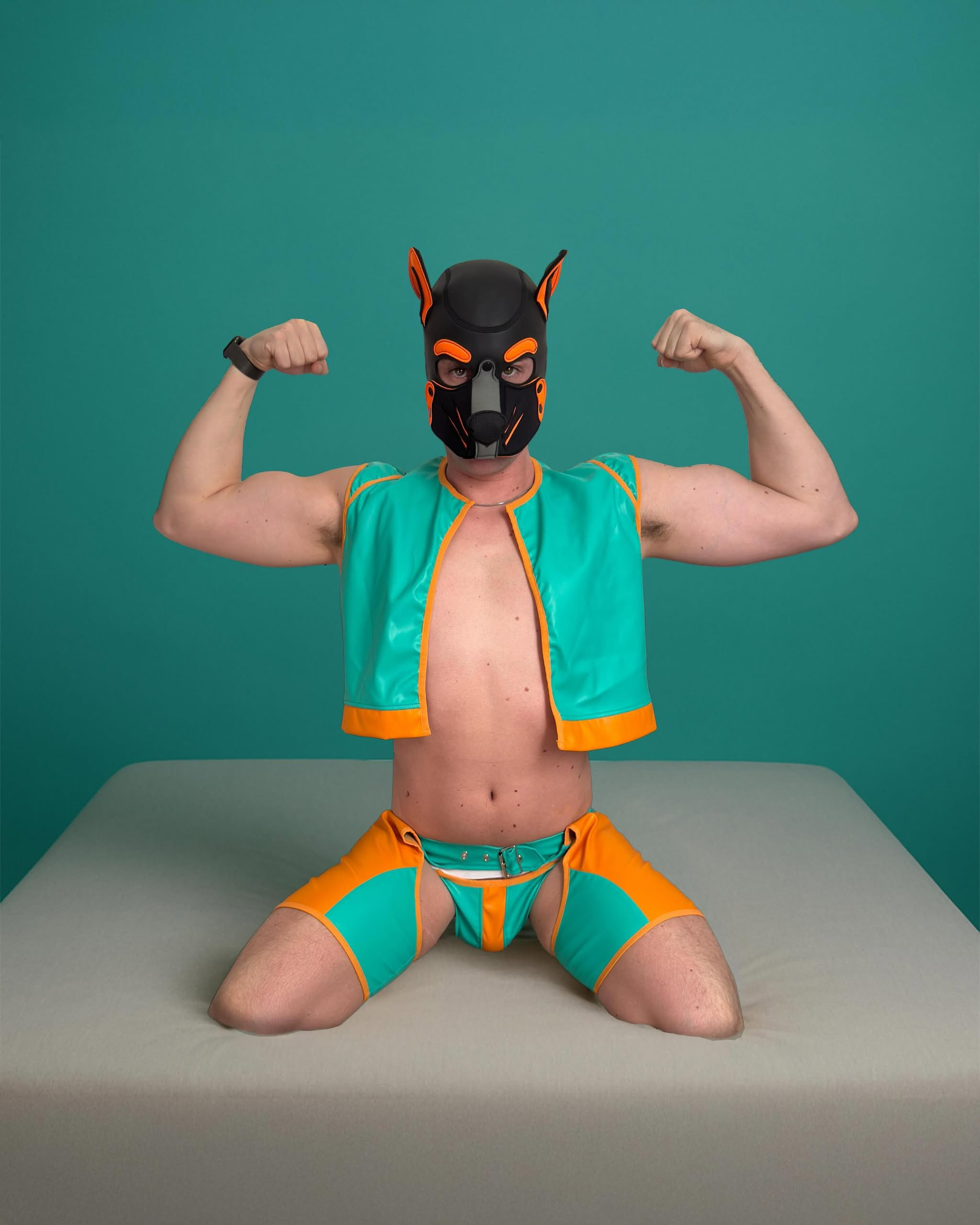 Joylgbt's Colorblock Open-Back Leather Harness Set – Sexy Blue & Orange Faux Leather Two-Piece for Men	