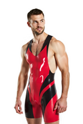 Joylgbt Men's Red & Black High-Gloss Leather Sleeveless Bodysuit	