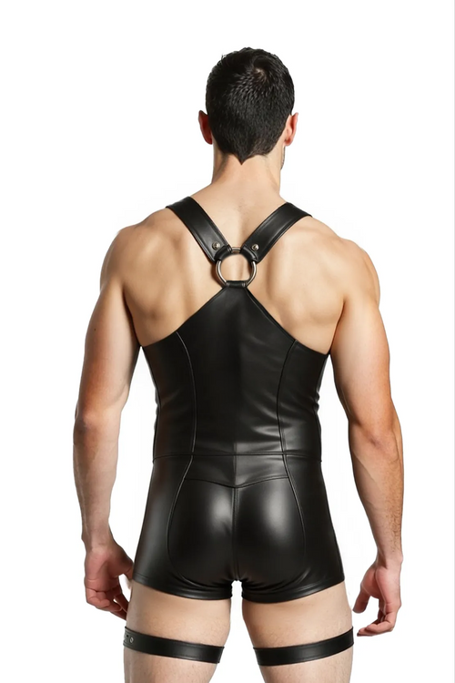 Joylgbt‘s Men's Black Faux Leather O-Ring Cut-Out Bodysuit	
