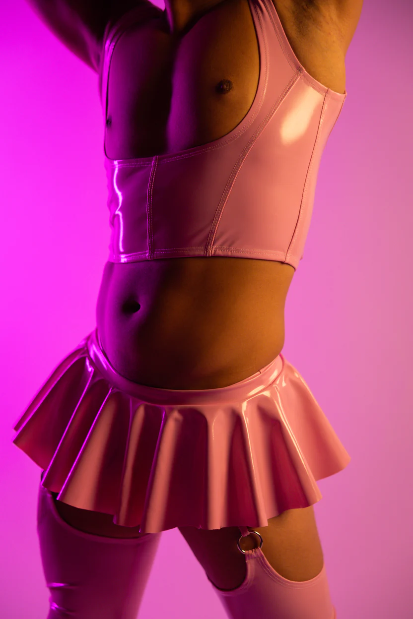 Joyglove Pink PU Leather Crop Top & Skirt Set - Bold & Edgy Design