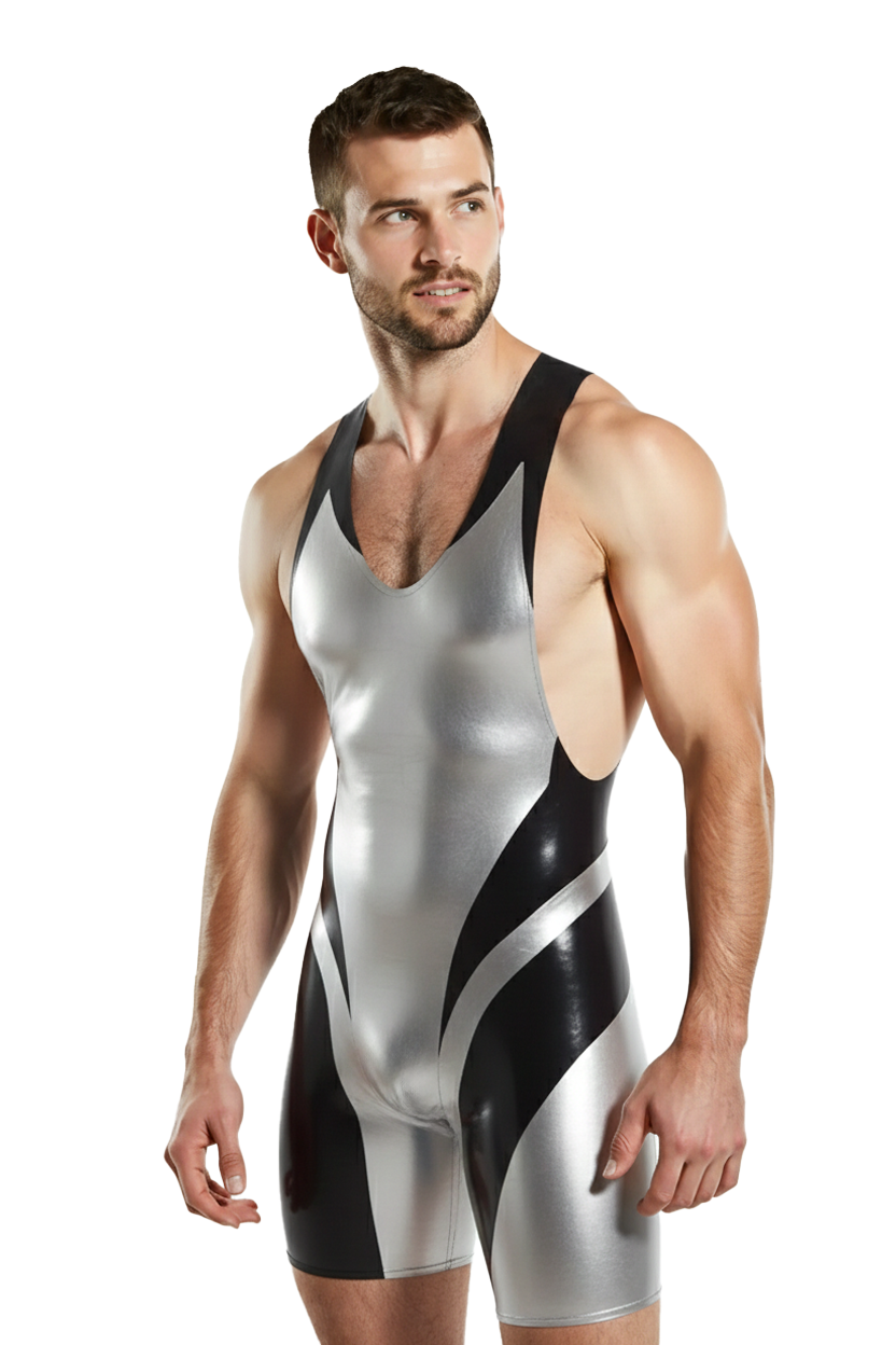Joyglove Men's Silver PU Leather Wrestling Bodysuit