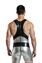Joylgbt Men's Cyber-Chrome PU Leather Singlet – Silver & Obsidian Contrast Bodysuit	