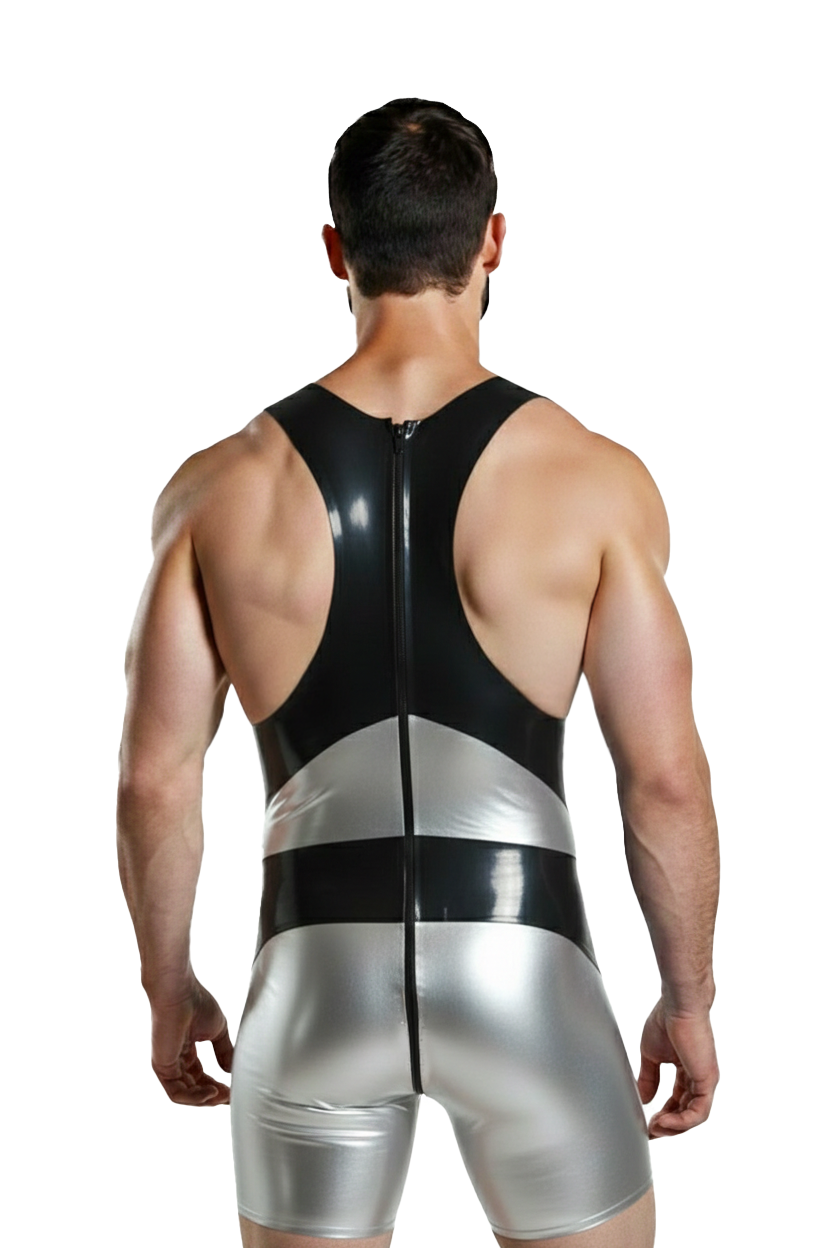 Joylgbt Men's Cyber-Chrome PU Leather Singlet – Silver & Obsidian Contrast Bodysuit	
