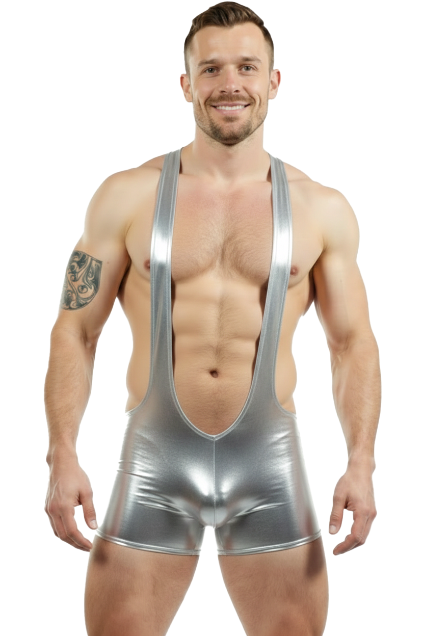 Joylgbt‘s Chrome Rebel" Open-Back PU Leather Singlet – Silver Metallic Wrestling Shorty	