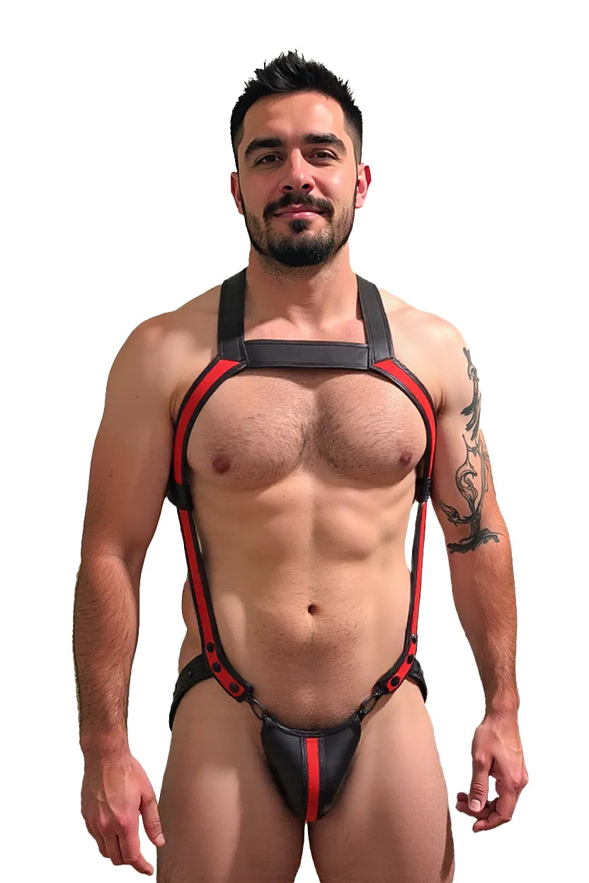 Joyglove Blue, Black & Orange PU Leather Men's Harness - Bold Design