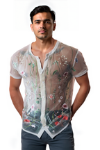 Men's Sheer Floral Embroidery Short Sleeve Shirt	