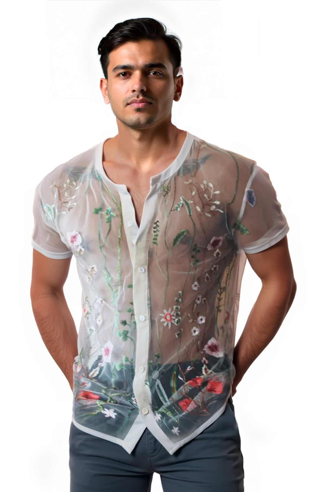 Men's Sheer Floral Embroidery Short Sleeve Shirt	