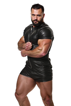 Joyglove Black Leather Muscle Bodysuit with Zipper Detail