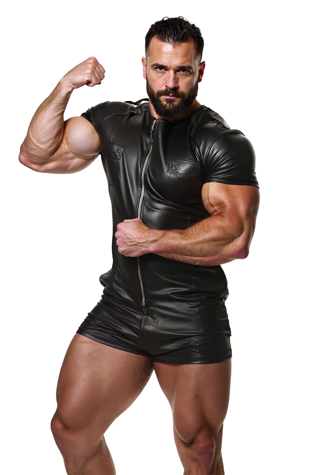 Joyglove Black Leather Muscle Bodysuit with Zipper Detail