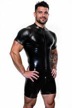 Joyglove Men’s Black Leather Muscle Suit with Zipper Detail and Fitted Look