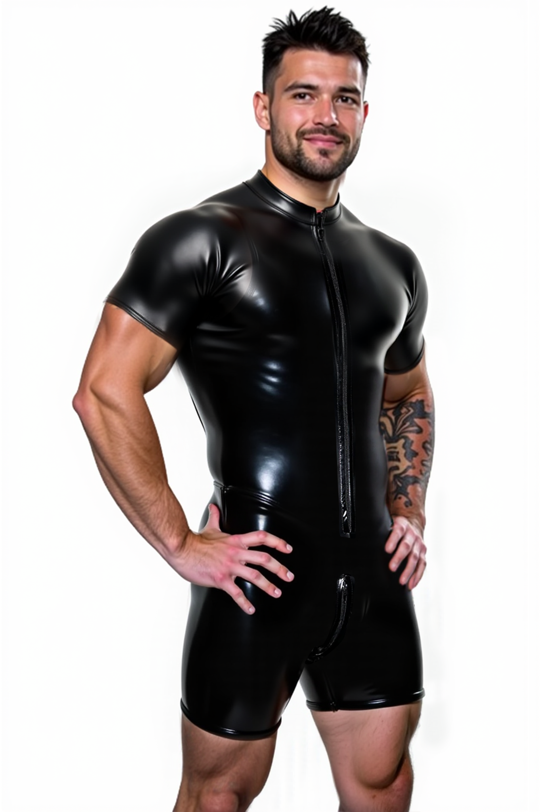 Joyglove Men’s Black Leather Muscle Suit with Zipper Detail and Fitted Look