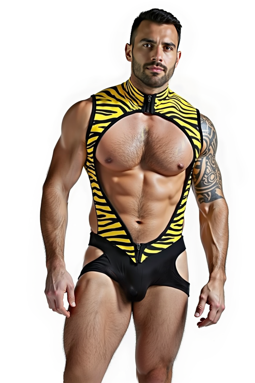 Joyglove Men's High Fashion Black and Yellow Tiger Stripe Bodysuit with Bold Cutouts