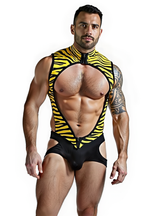Joyglove Men's High Fashion Black and Yellow Tiger Stripe Bodysuit with Bold Cutouts
