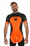 Joyglove Men’s Black & Orange PU Leather Bodysuit Shorts with Paw Prin