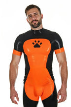 Joyglove Men’s Black & Orange PU Leather Bodysuit Shorts with Paw Prin
