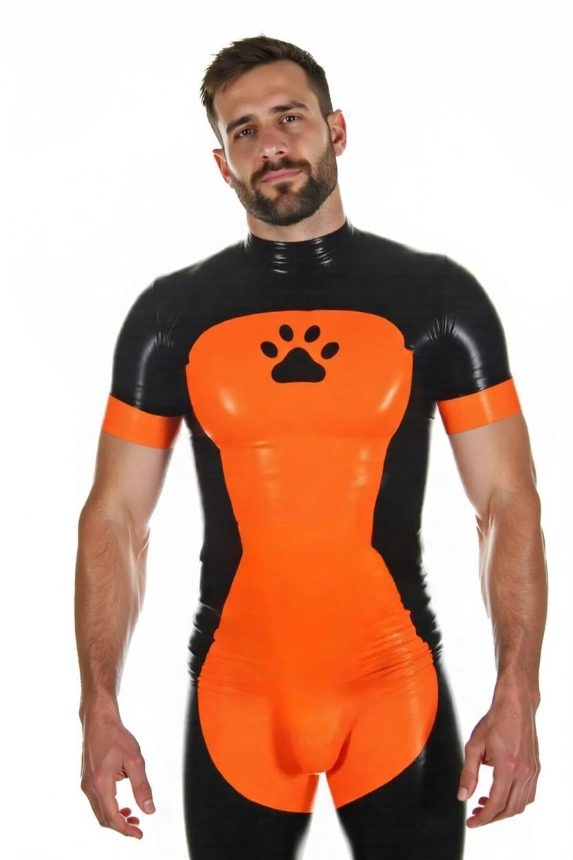 Joyglove Men’s Black & Orange PU Leather Bodysuit Shorts with Paw Prin